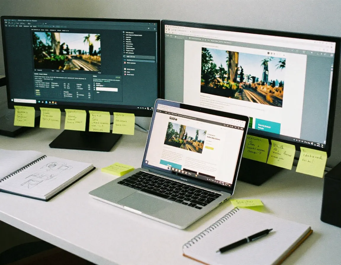 Modern workspace with laptop showing website development